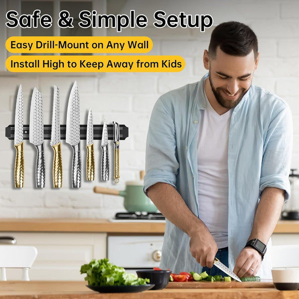 Kitchen Knife Set 14 Pcs with Magnet Holder, Strong Magnetic Knife Strip for Wall, Knives Block Set with Sheath, Chef Knives and Santoku Knives, Stainless Steel Blade, Dishwasher Safe -Gold6