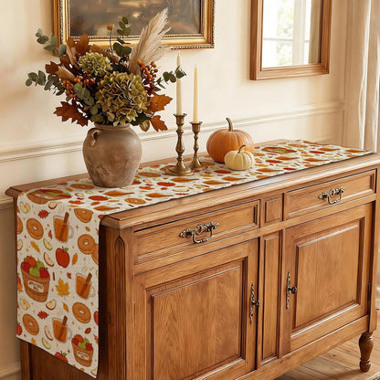 Fall Harvest Table Runner, Cozy Fruits Cider Donuts Leaves Autumn Kitchen Dining Decor for Family Gatherings Holiday Celebrations 13X108 Inch6