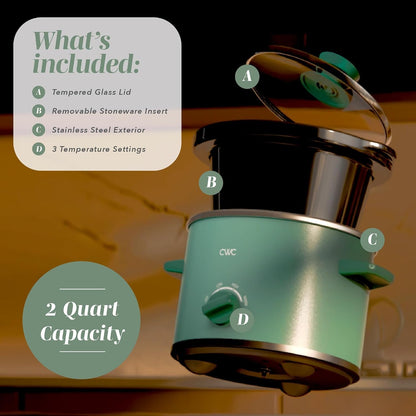 2QT Mini Electric round Slow Cooker - Adjustable Settings, Removable Stoneware Pot, Tempered Glass Lid, Dishwasher Safe, Cool-Touch Side Handles, Dark Sage2