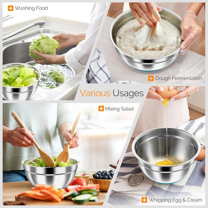 Mixing Bowls, 24-Piece Stainless Steel Salad Serving Bowl with Airtight Clear Lids, Metal Nesting Bowl for Kitchen Cooking Prepping Storing with 3 Graters, 4.6/2.6/1.5/1/0.7 QT, Teal Blue6