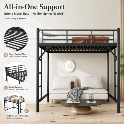 Full Loft Bed, Metal round Pipe, Dual Ladders, save Space, Black8