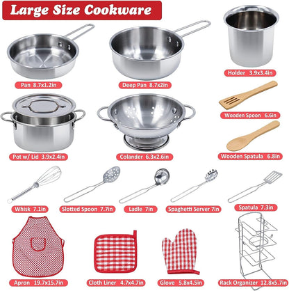 Kids Pretend Play Kitchen Toys Accessories Set, 32Pcs Stainless Steel | Toy Pots and Pans Sets W/ Rack Organizer, Metal Cooking Utensils & Apron, Play Food W/ Basket for Kids Girls Boys Toddlers 3+2