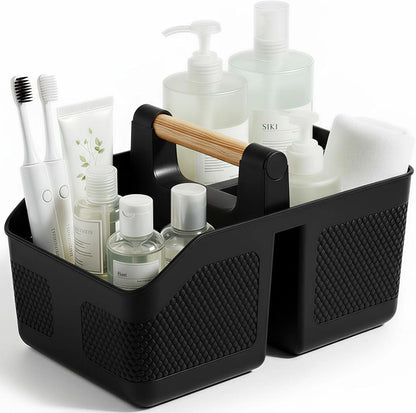 Plastic Shower Caddy Portable Shower Basket with Bamboo Handle, Black1