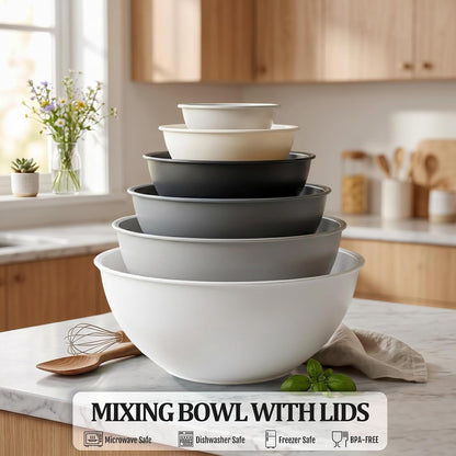 BPA Free Plastic round Mixing Bowl with Lids, 12 Pack Nesting Bowls with Lids Set, Microwave and Dishwasher Safe Prep & Serving Bowls Great for Mixing, Baking, Serving (White, 12Pcs)8