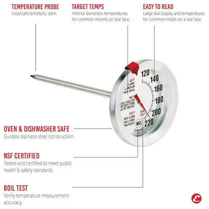 Escali AH1 Stainless Steel Oven Safe Meat Thermometer, Extra Large 2.5-Inches Dial, Temperature Labeled for Beef, Poultry, Pork, and Veal Silver NSF Certified3