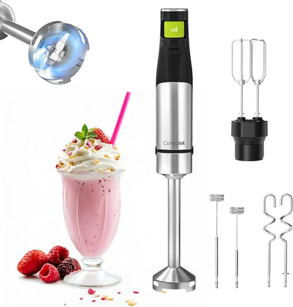 4-In-1 Immersion Blender Handheld Max 1100W, Trigger Speed Control | Corded Stick Emulsifier with Entire Stainless Steel Blender Shaft, for Blending, Beating, Frothing, Mixing & More, Non-Bpa1