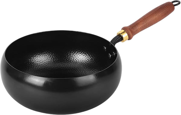 Fast-Heating Cast Iron Stir-Fry Pan Deep round Base with Wooden Handle-24Cm | Hand-Hammered Household Uncoated Cast Iron Wok, Uncoated Thick-Walled Cast Iron Potfor Stir-Fry, Sear, Braise.4