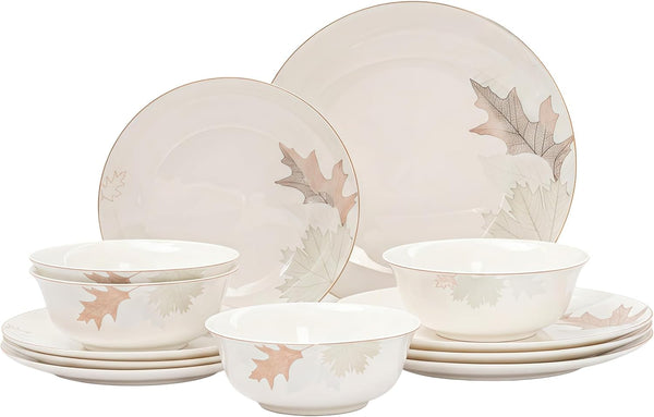 12 Piece Bone China Dinnerware Set for 4, Maple Leaf Gold Trim Gift1