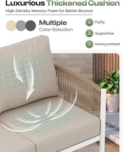 Aluminum Outdoor Patio Furniture Set with Dual-Layer Coffee Table, 4 Piece Modern Patio Conversation Sets with PE Rope, Outdoor Sectional Sofa with Thick Cushions for Balcony, Porch, Ivory5