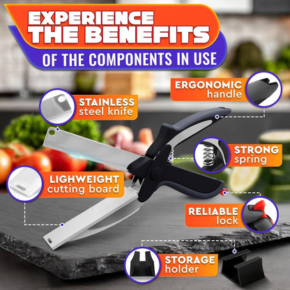 2 in 1 Kitchen Scissors for Food with Cutting Board, Safety Lock | Stainless Steel Cutting Board Scissors for Soft Veggies, Fruit & Cheese; Tomato Knife Alternative; 9.5"; Dishwasher Safe3