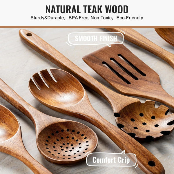 10 Pcs Wooden Spoons for Cooking, Natural Teak Wooden Kitchen Utensils Set, Durable Cooking Utensils Set with Comfort Grip for Cookware, Smooth Finish&Nonstick& Heat Resistant Wooden Spatula4