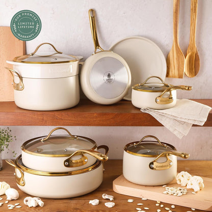 Bloomhouse 15-Piece Ceramic Nonstick Cookware Set, Two Time Oprah'S Favorite Things, Heavy-Gauge Aluminum Pots and Pans Set, PFAS & PFOA & PTFE Free Ceramic Cookware, Oven Safe to 500°F, Almond Cream2