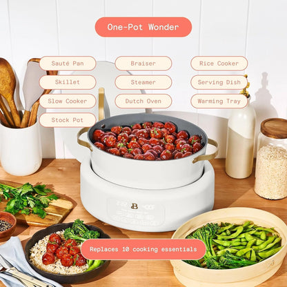 8 QT 10-In-1 Programmable Multi-Cooker with Bamboo Steamer, Electric Dutch Oven, Slow Cooker, Searing Pot & Rice Cooker, Non-Toxic Ceramic (White Icing)2