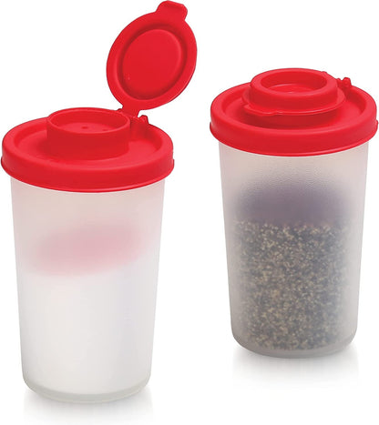 SIGNORAWARE Salt and Pepper Shakers Moisture Proof Set of 2 Large Salt Shaker to Go Camping Picnic Outdoors Kitchen Lunch Boxes Travel Spice Set Clear with Red Covers Lids Plastic Airtight Dispenser1