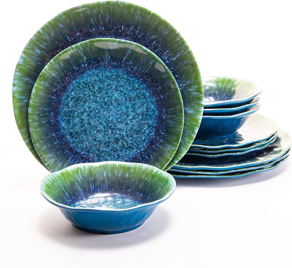 Melamine Dinnerware Set 12 PCS Teal Turquoise Tableware Plates Bowls Blue Green Dishwasher Safe Not Microware Not Oven1