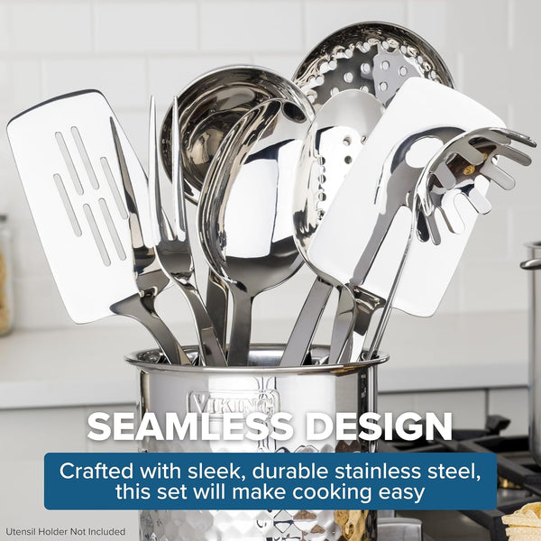 Viking Kitchen Utensils Set, 8 Piece Stainless Steel Cooking Utensil Set, Includes Spatulas, Spoons, Pasta Fork, Deep Ladle, Meat Fork, and Skimmer, Silver5