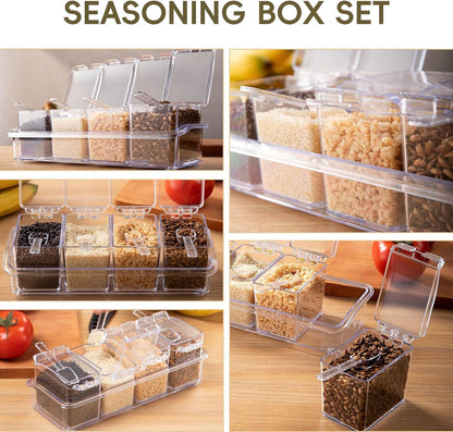Clear Seasoning Box, 4 Pieces Seasoning Rack Spice Pots, Storage Container Condiment Jars Acrylic Seasoning Box with Covers and Spoons for Spice, Sugar, Salt, Sugar, Cardamon, Cinnamon4