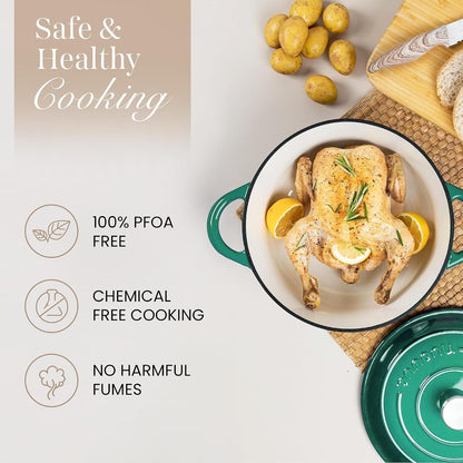 Enamelled Cast Iron Dutch Oven Pot with Lid-6.4 Quart Non Stick Casserole Pot-Heavy Duty & Oven Safe up to 500° F for Bread Baking, Braising, Stews, Roasting - 28Cm Dark Green4