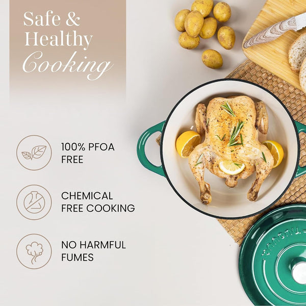 Enamelled Cast Iron Dutch Oven Pot with Lid-6.4 Quart Non Stick Casserole Pot-Heavy Duty & Oven Safe up to 500° F for Bread Baking, Braising, Stews, Roasting - 28Cm Dark Green4