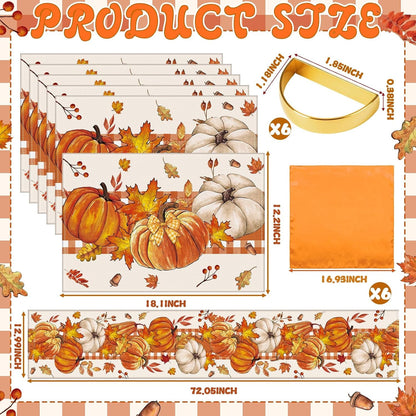 19 Pcs Fall Table Runner and Placemats Set, Fall Pumpkin Runner, Placemats, Napkins, Napkin Rings Kitchen Dining Table Decoration for Autumn Harvest Thanksgiving Party Decor4