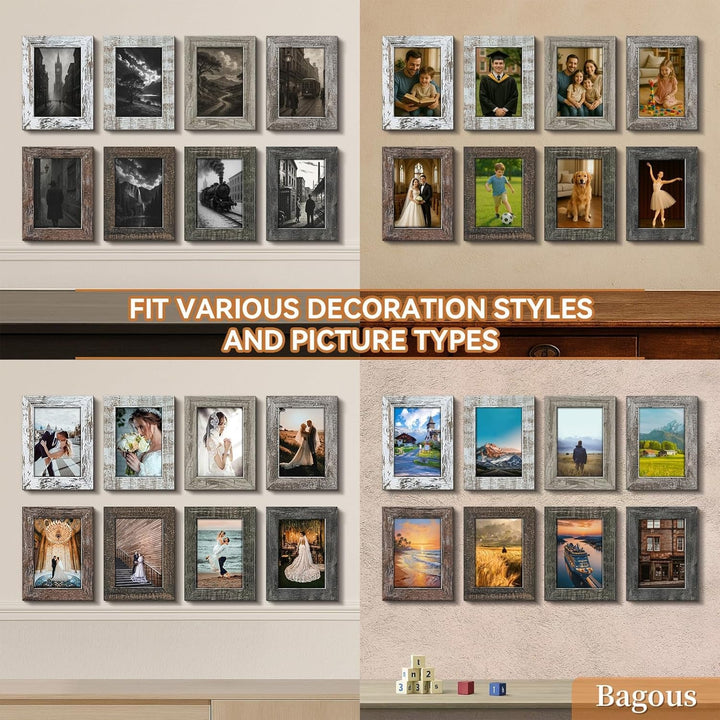 5X7 Picture Frames Set of 8, Vintage Rustic Farmhouse Industrial Style Photo Frames, High Definition Real Glass, for Tabletop or Wall Hanging+2