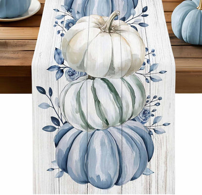 Fall Table Runner Blue Pumpkin Table Runners Harvest Thanksgiving White Blue Pumpkins Wooden Cotton Linen Dresser Scarf Kitchen Dining Table Decor for Autumn Holiday Party Coffee 13X120 Inch1