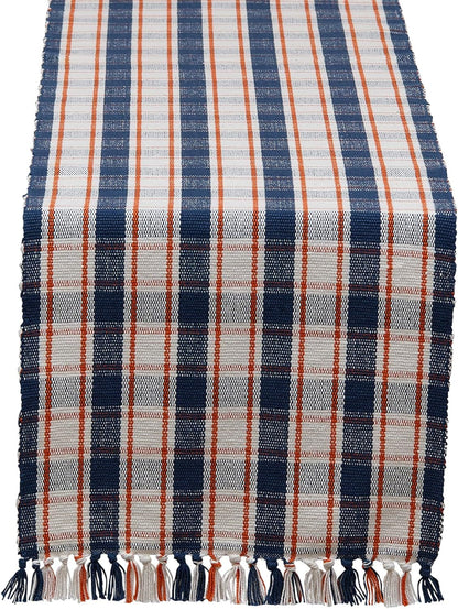 Thanksgiving & Fall Table Decoration Autumn Farmhouse Plaid, Ribbed Table Runner, 13X72, Blue & Orange1