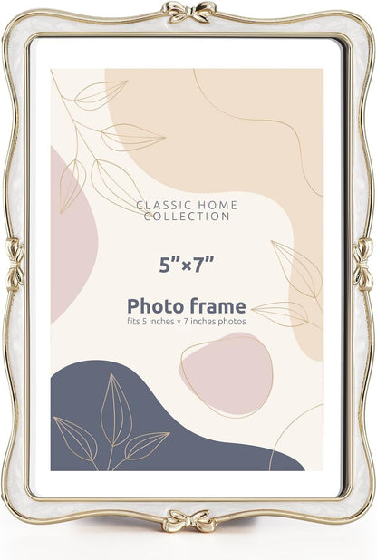 Metal Bow Picture Frame 5X7 Photo Frames with High Definition Glass Front Gift Ideas Tabletop Home Decorative, Gold & White1
