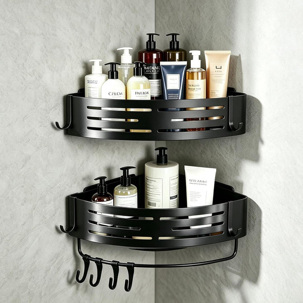 Adhesive Black Corner Shower Caddy No Drilling,2-Pack Aluminum Shower Shelf1