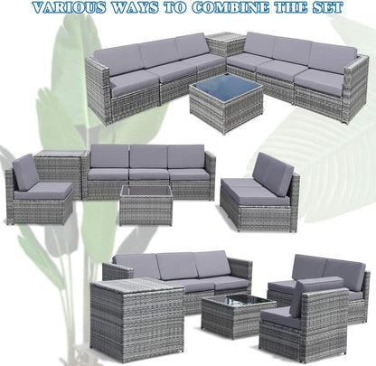8 PCS Outdoor Patio Furniture Set, Rattan Wicker Sofa Set, Sectional Sofa Couch Conversation Set W/Storage Table and 12 Zippered Cushions for Garden Backyard Poolside (Grey)5