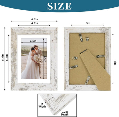 5X7 Picture Frame Set of 4, Made of Real Glass and Distressed White Wooden Frame, 5 by 7 Photo for Wall or Tabletop - Display Picture 4X6 with Mat or 5X7 without Mat3