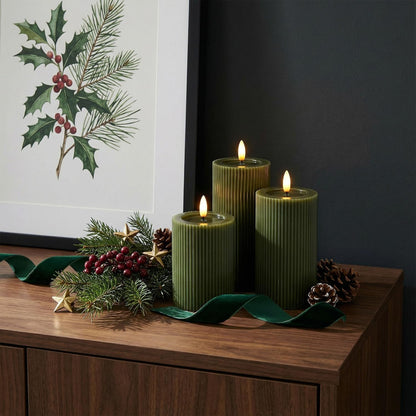 Ribbed Fluted Real Wax Flameless LED Pillar Candles, Loden Sage Olive Green, Melted-Wax Top Look, Flickering Flame, Battery Operated, Remote & Timer, Shelf & Wedding Decor (Set of 3)6