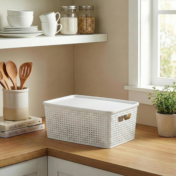 | Plastic Storage Baskets with Lids, 15.5 Liter - 3 Pack, White | the WOVEN COLLECTION | Storage Basket for Shelves Woven Storage Baskets for Organizing Bins Pantry Shelf Organizer Container Bin5