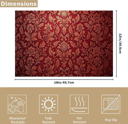 Red Baroque Floral Placemats Set of 6 Linen Table Mats, 12X18 Inch Washable Placemats for Dining Table, Non Slip Heat Resistant Mats for Kitchen Home Decor2