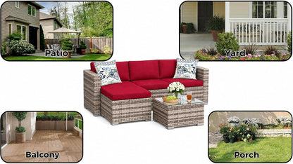 5 Piece Outdoor Patio Furniture Set, All-Weather PE Wicker Sectional Couch Set with Cushions and Ottomans, Outdoor Patio Conversation Set with Glass Table for Backyard, Porch, Balcony8