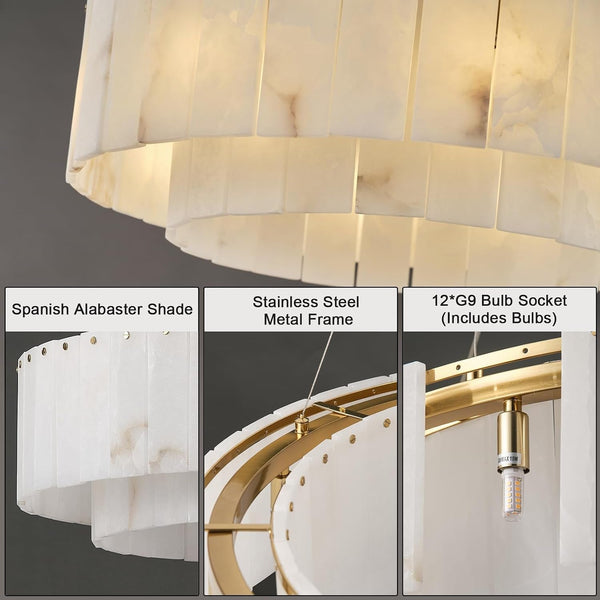 Alabaster round Chandelier, D31In Modern Dining Room Chandeliers, Marble Pendant Lights Kitchen Island, Drum Chandelier for Dining Room Light Fixture, Living Room, Bedroom Lights, Foyer, Kitchen4