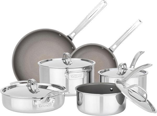 Viking Pureglide Pro 3-Ply Nonstick Cookware Set, Made without PFAS, 10-Piece Induction Pots and Pans Set, Metal Utensil Safe Titanium Nonstick Surface, Oven Safe to 600F1