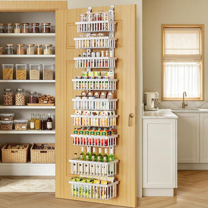 9 Tier Narrow over the Door Pantry Organizer, 2 in 1 Wall Mount or Hanging Spice Rack with Adjustable Deep Basket, Heavy-Duty Seasoning Organizer and Storage for Kitchen Closet Bathroom (White)1