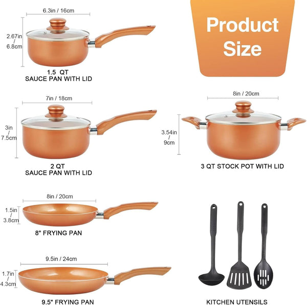 Pots and Pans Set Ultra Nonstick, Pre-Installed 11Pcs Cookware Set Copper with Ceramic Coating, Stay Cool Handle & Nylon Kitchen Utensils, Gas/Induction Compatible, 100% PFOA Free | Compact Nonstick Cooking Set, Induction Cookware Set, PFOA & PFAS Free, Non-Toxic Pots and Pans, Easy Food Release2