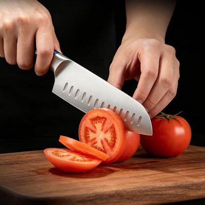 7 Inch Stainless Steel Kitchen Santoku Knife, Blue Pakkawood Handle7