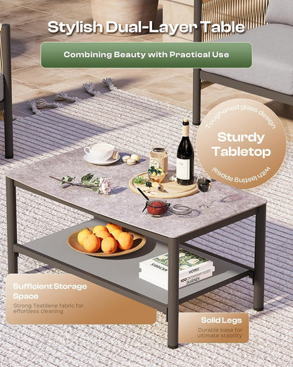Aluminum Outdoor Patio Furniture Set with Dual-Layer Coffee Table, 4 Piece Modern Patio Conversation Sets with PE Rope, Outdoor Sectional Sofa with Thick Cushions for Balcony, Porch, Gray4