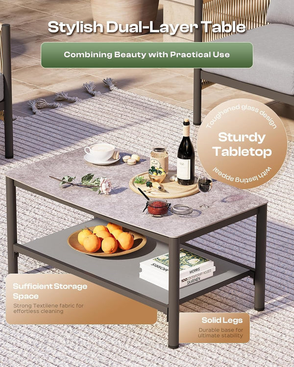 Aluminum Outdoor Patio Furniture Set with Dual-Layer Coffee Table, 4 Piece Modern Patio Conversation Sets with PE Rope, Outdoor Sectional Sofa with Thick Cushions for Balcony, Porch, Gray4