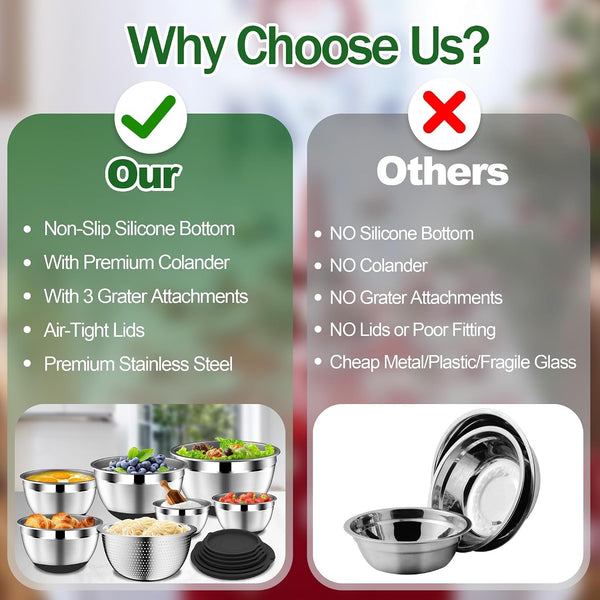 Mixing Bowls with Lids Set - 16Pcs Stainless Steel Mixing Bowl Set with Colander, 3 Grater Attachments, Non-Slip Bottom, Metal Nesting Bowls with Strainer for Mixing & Serving - Black3