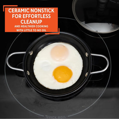 5.8 Inch Aluminum Black Ceramic Egg Pan Casserole with Glass Lid, Red | Egg Pan for Single Servings, Small Aluminum Cookware4