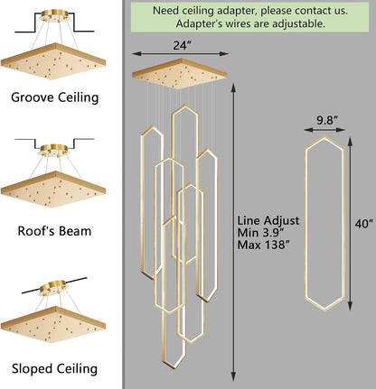 6-Rings Chandelier Modern, Gold Large Contemporary LED Light for Living Room Entrance, Dimmable Flush Mount High Ceiling Chandeliers with Remote Control for Villa Foyer2