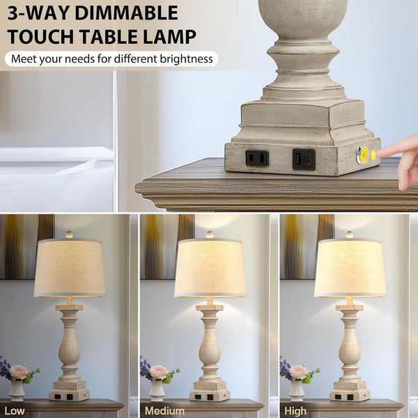 28" Tall Farmhouse Table Lamps Set of 2 with USB C+A Ports and AC Outlet, 3 Way Touch Control Rustic Bedside Lamp for Bedroom, Beige Vintage Nightstand Lamp for Living Room Office3