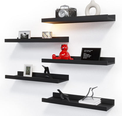 5-Set Floating Shelves with Lip, Black Wall Mounted Wood Shelf | Display Picture Ledge Shelf, Anti-Drop Lip Shelf for Room Wall Decor, Bedroom Bathroom Storage Nursery Books, Easy Setup 16In1