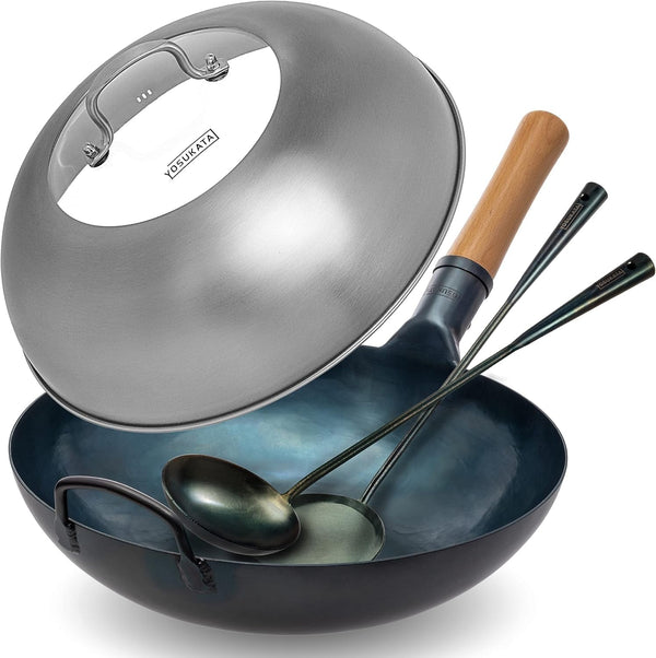 Carbon Steel Flat Bottom Wok Pan - 13.5" + Wok Lid 12.8 Inch - Cover with Tempered Glass Insert Steam Holes + Blue Carbon Steel 17-Inch Spatula, Ladle, 3 Pairs Chopsticks1