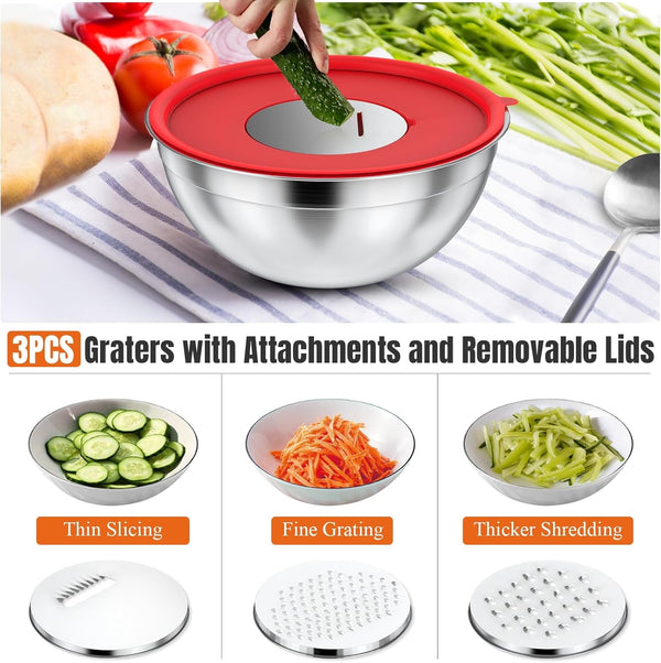 Stainless Steel Mixing Bowls Set with Lids & 3 Grater Attachments, Colorful3
