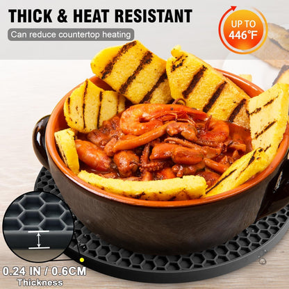 Silicone Trivet Mats - 4 Heat Resistant Pot Holders, Multipurpose Non-Slip Hot Pads for Kitchen Potholders, Hot Dishers, Jar Opener, Spoon Holder, Food Grade Silicone & BPA Free (Black)4